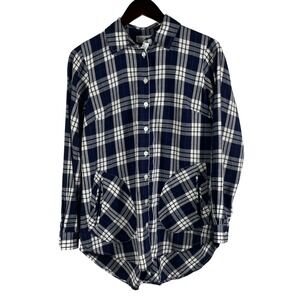 Joan Rivers Plaid Button-Up Shirt‎ Size XXS Navy Blue & White 100% Cotton Tunic